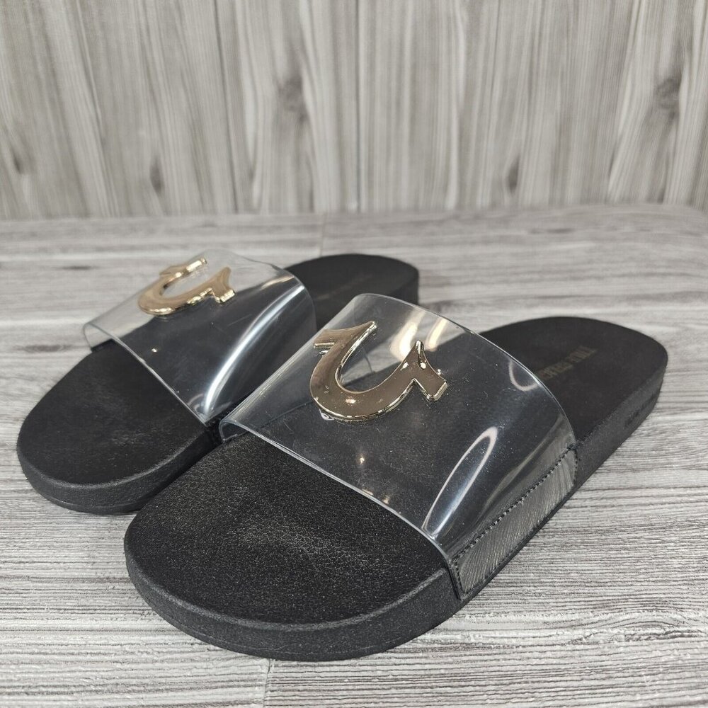 True Religion Elle Clear/Gold/Black Slides Slippers Sandals - Women's Size 7
